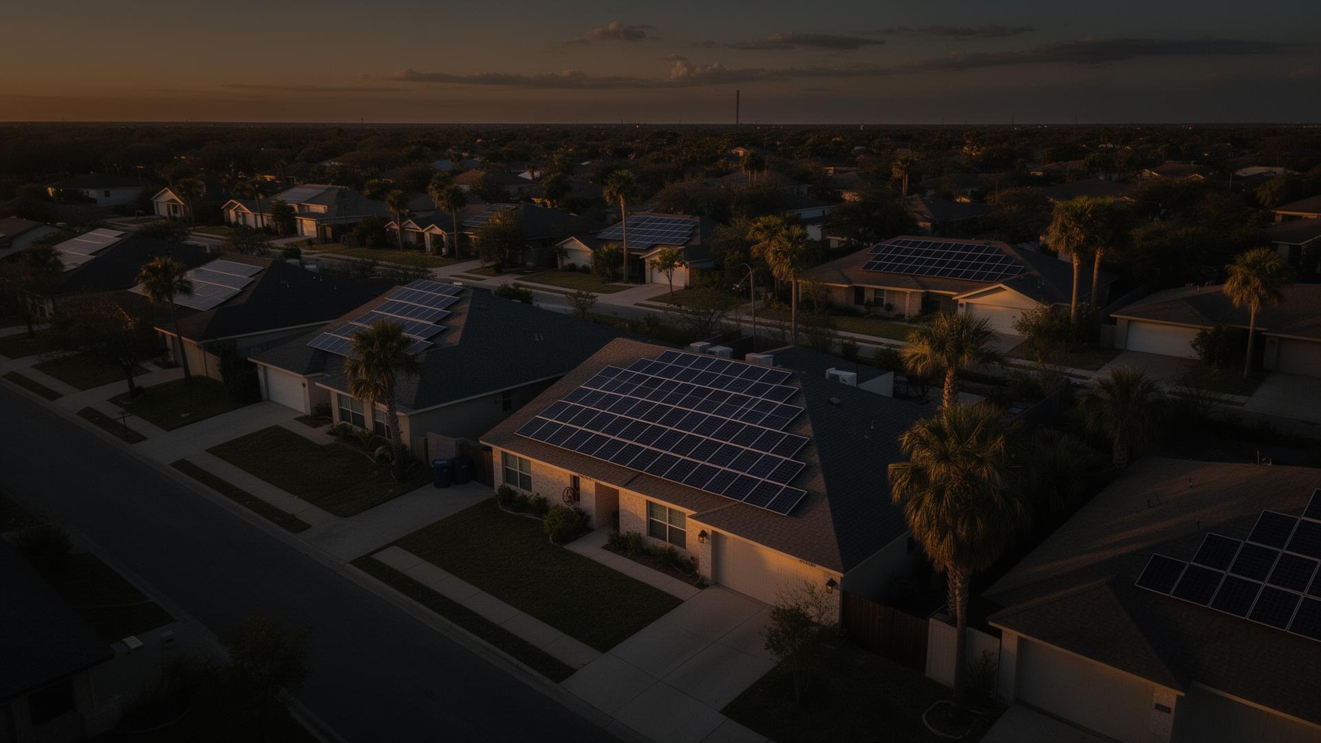 Aerial view of a South Texas neighborhood with rooftop solar arrays at dusk